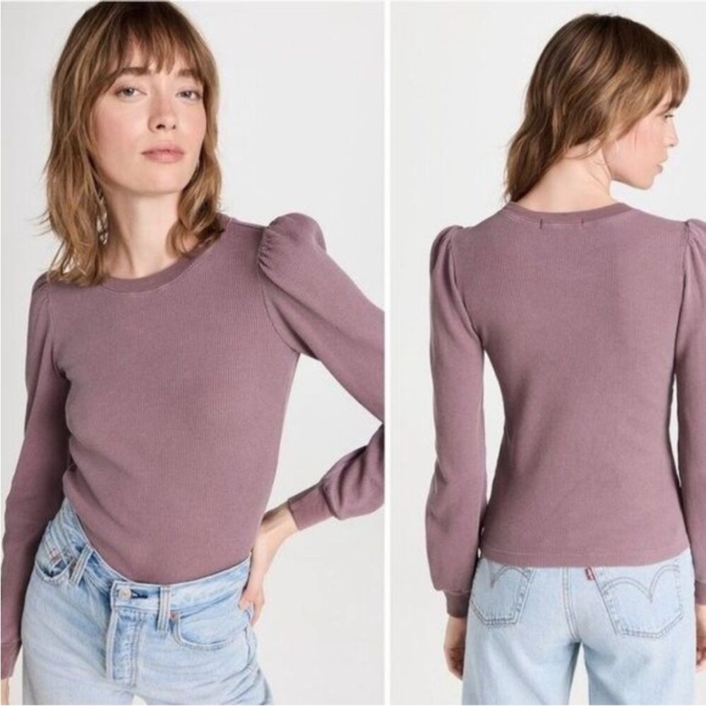 AMO Women's Waffle Knit Thermal Puffy Long Sleeve Top